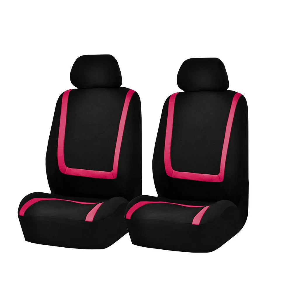 Universal fabric car seat cover set showing headrest and seat panels in a two-tone colour option