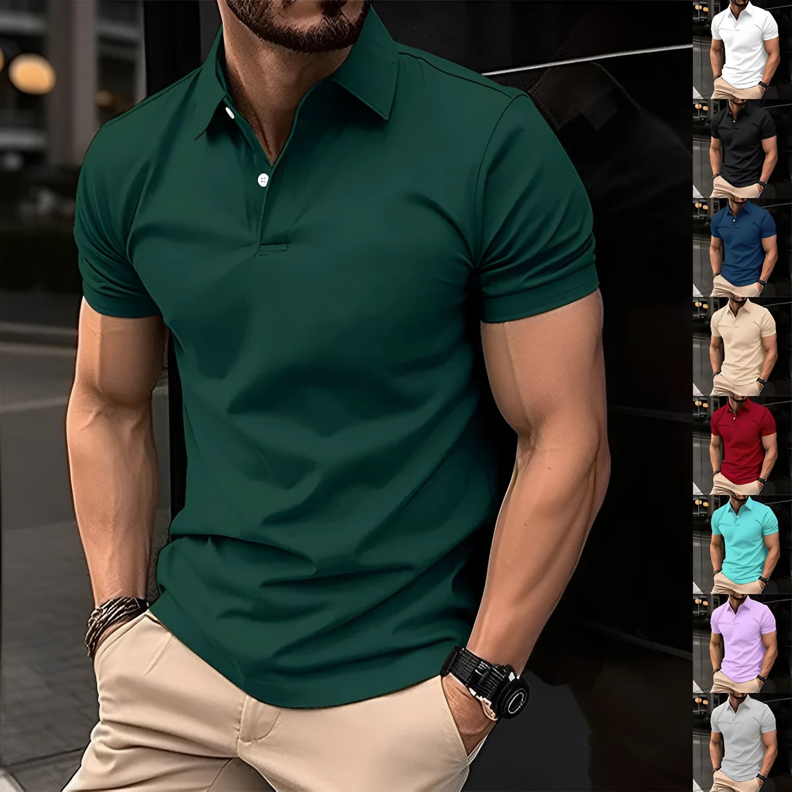 Men's solid colour short sleeve polo shirt with a button-down lapel collar, shown in a light green colour.