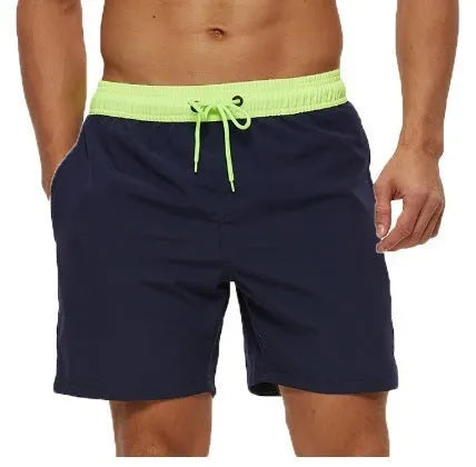 Men's blue athletic shorts with a stitching waistband, drawstring, and side headband pocket.