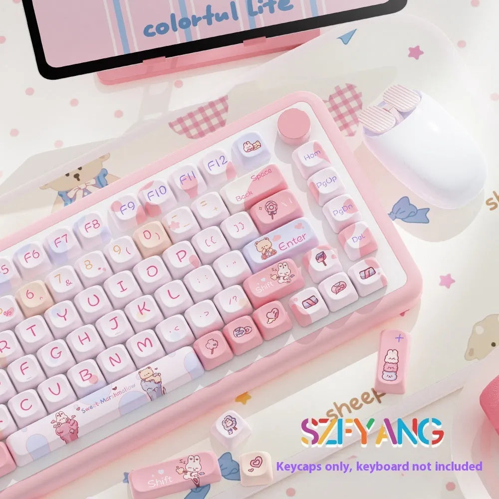 Sweet cotton candy coloured mechanical keyboard keycaps arranged in complete 112-key and 120-key sets