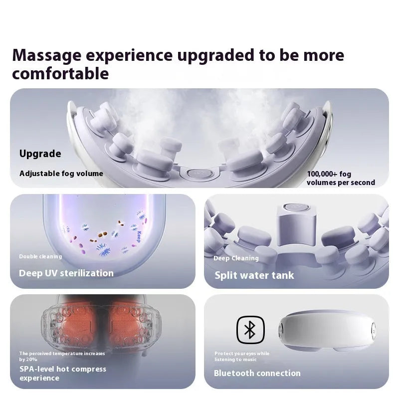 Bluetooth hot compress and steam moisturising eye massager in purplish grey, green, or ink grey colour.