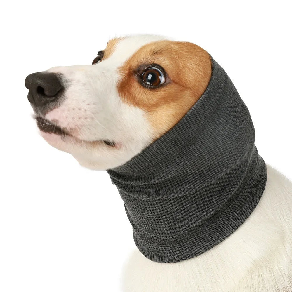 Blue polyester dog headband scarf shown on a model dog, with grey colour option and S/M/L size labels visible.