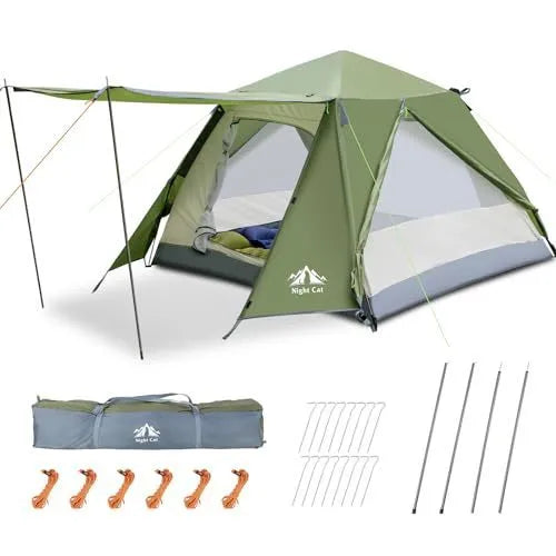 Dark green two-person automatic camping tent with rainfly, shown pitched outdoors.