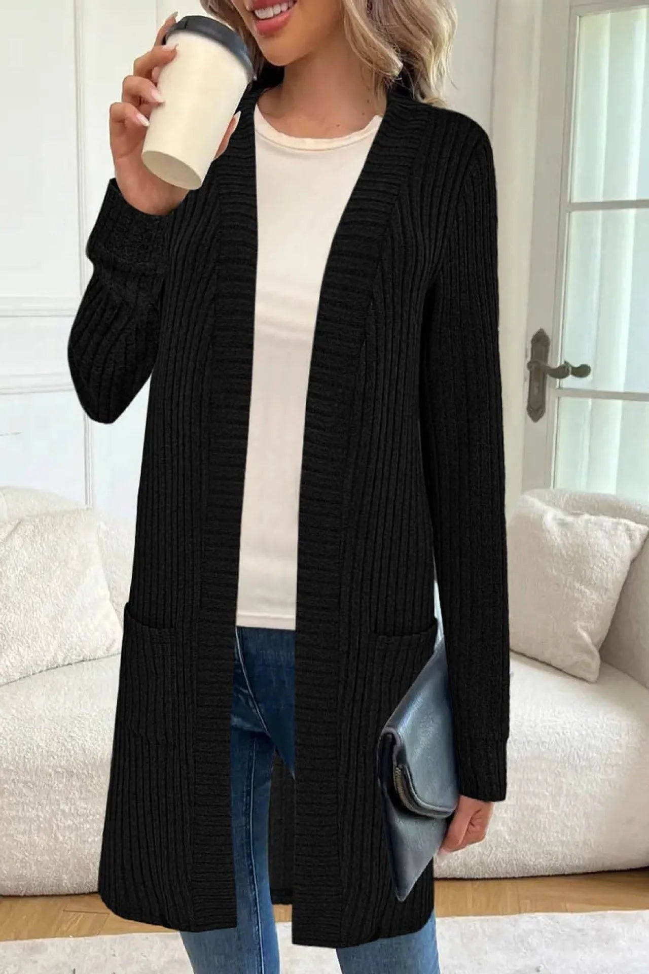 Long sleeve loose fit knitted cardigan jacket in black colour