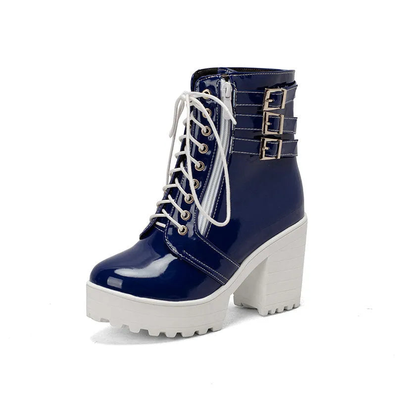 Women's black lace-up platform ankle boots with a round toe and a thick rubber sole.