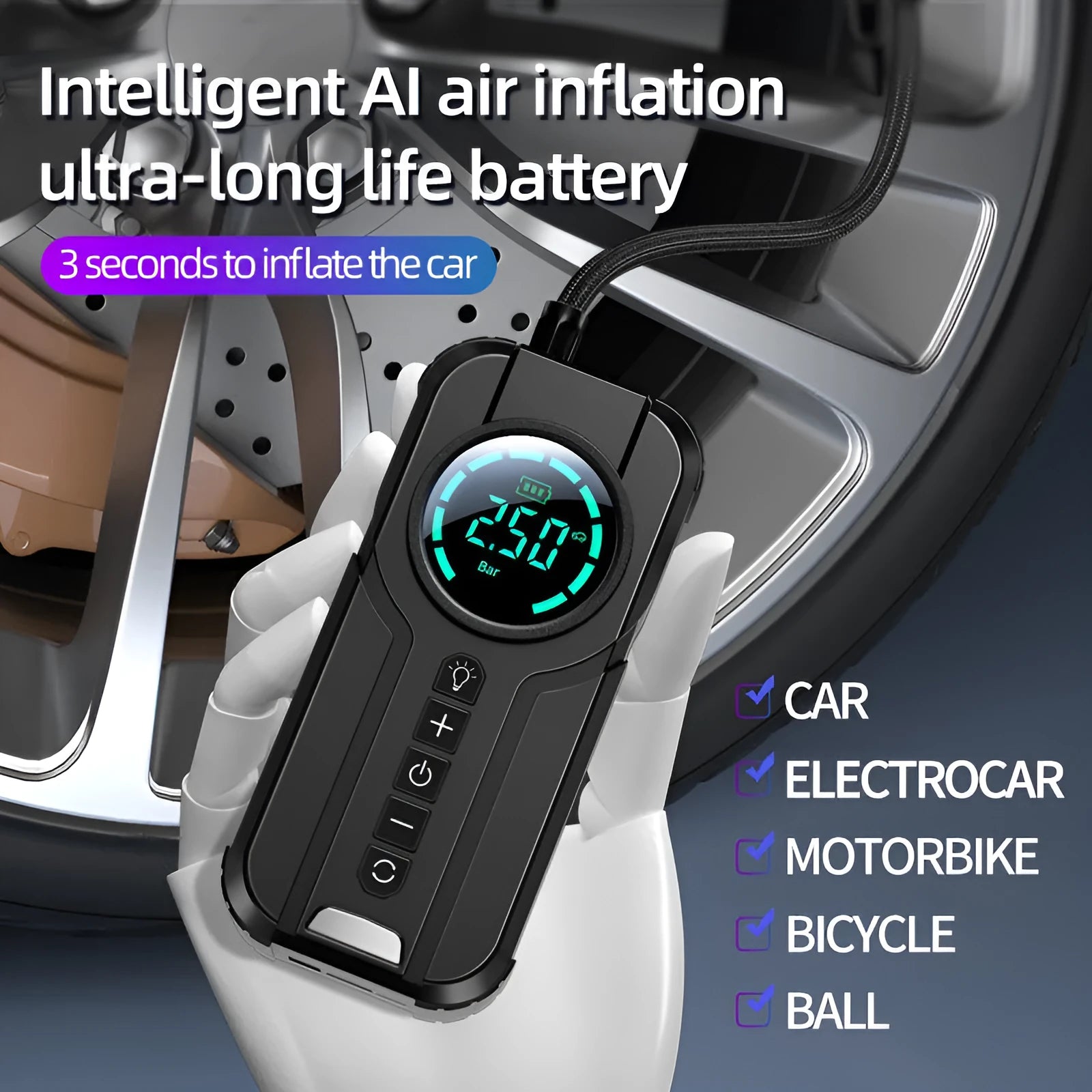 Black wireless portable car air pump with digital display, 6000mAh battery, and accessories including nozzles and carry bag