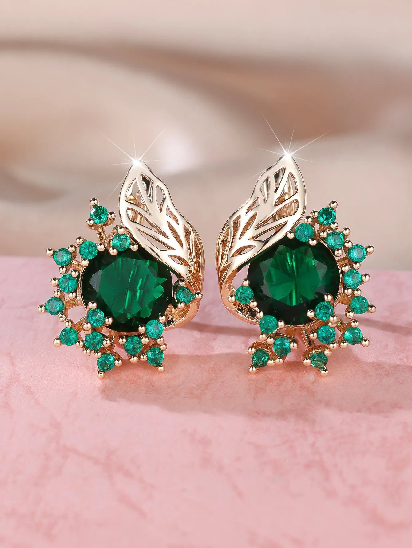 Round floral feather zircon earrings in rose gold with coloured diamond options
