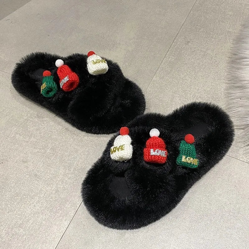 Women's Christmas slippers with a hat decoration, in faux plush, available in black, khaki, and white.