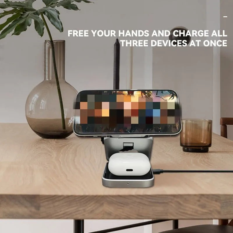 Folding desktop wireless charging bracket for Apple, Samsung and Google Pixel Watch devices