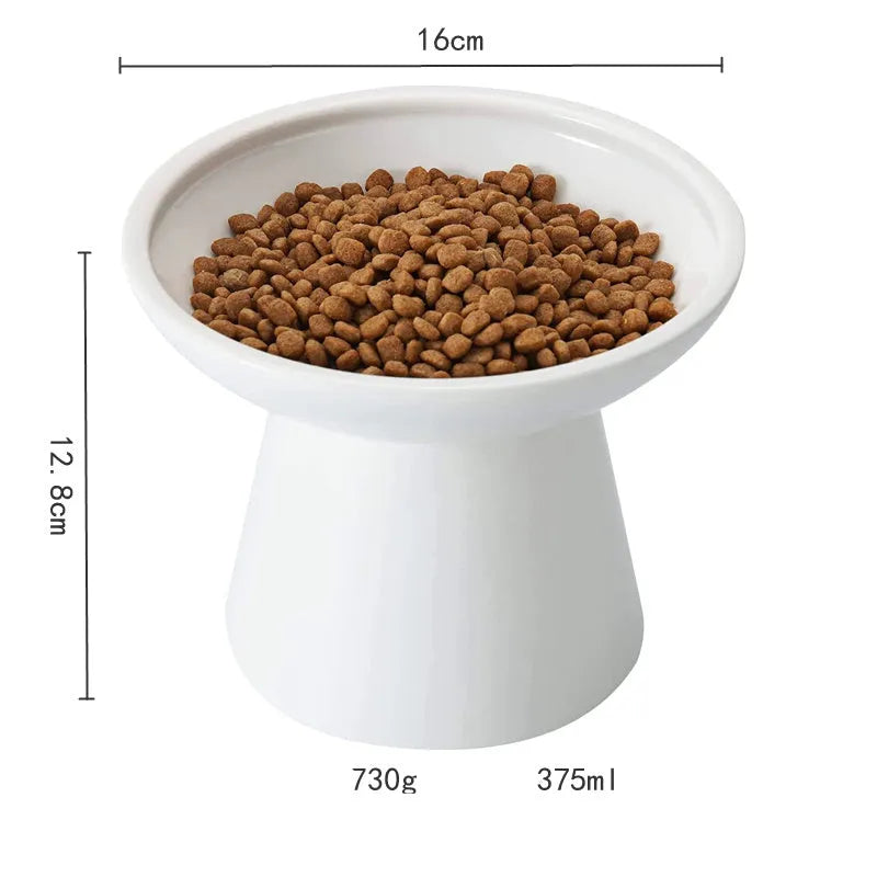 Elevated ceramic cat bowl with wide shallow dish for whisker fatigue prevention