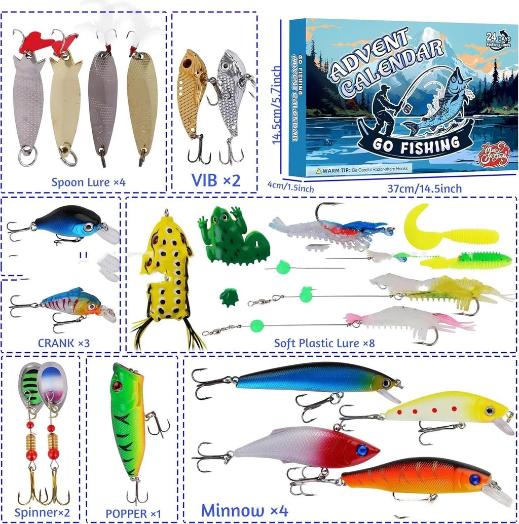 Christmas advent calendar fishing gear set, size 14x9x1.5 inches, featuring a fish set and fishing gear suit design