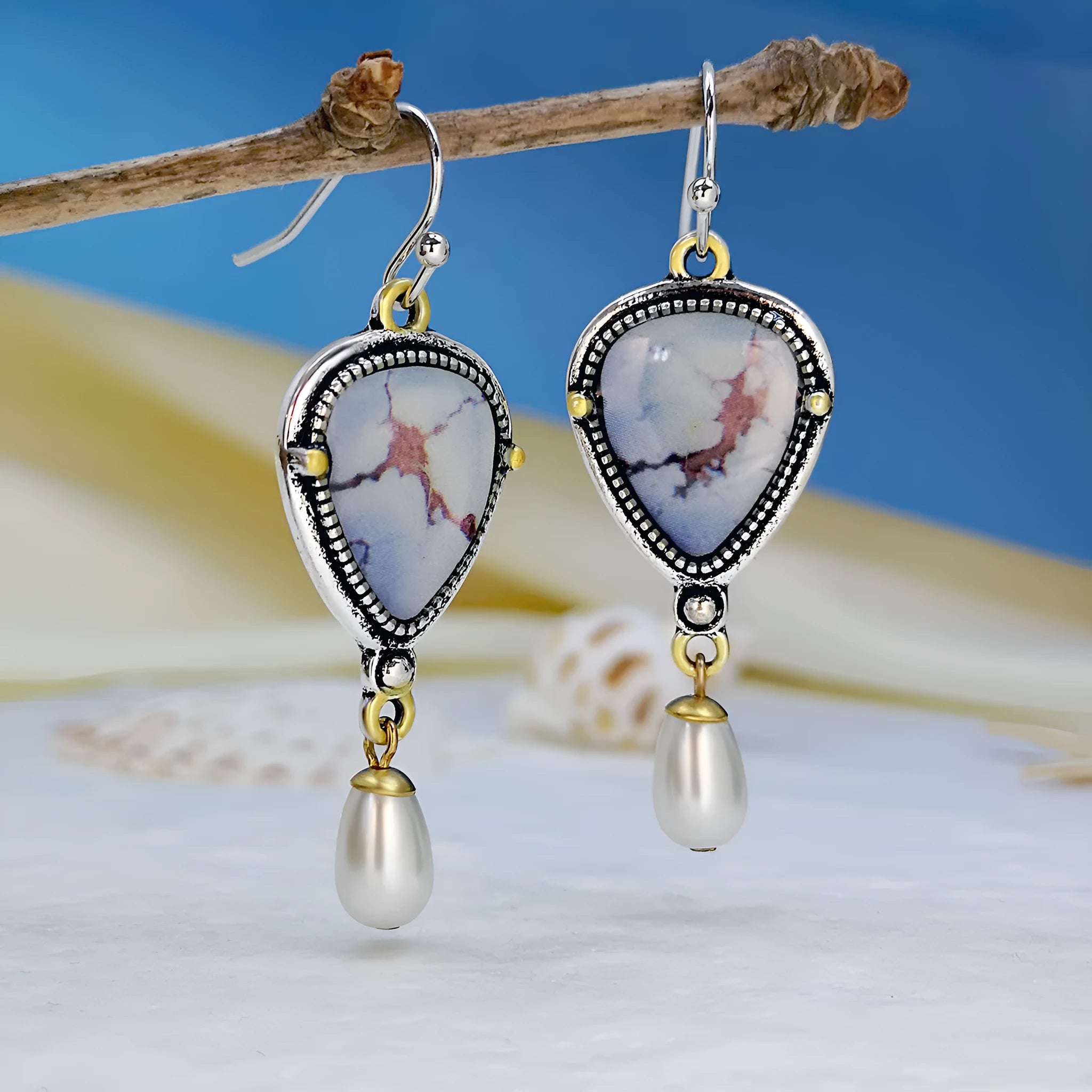 Retro blue geometric drop earrings with synthetic opal and white pearl on electroplated metal