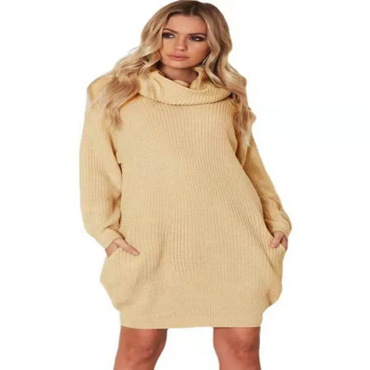 Women's apricot lapel neckline pullover sweater with side pockets showing slim fit and knit texture