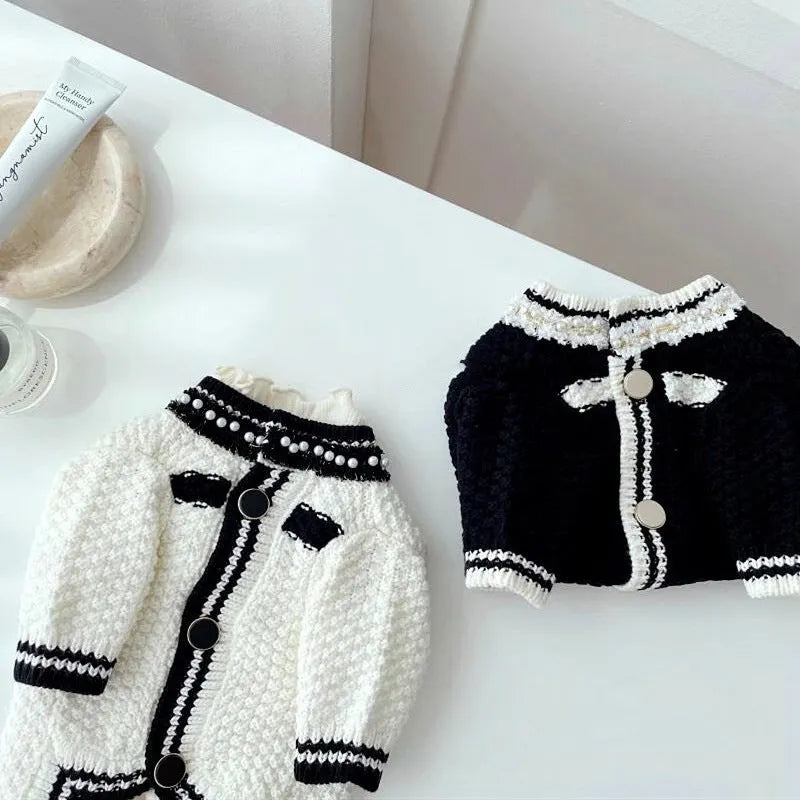 Korean style pearl collar dog sweater in black and white colours for small dogs