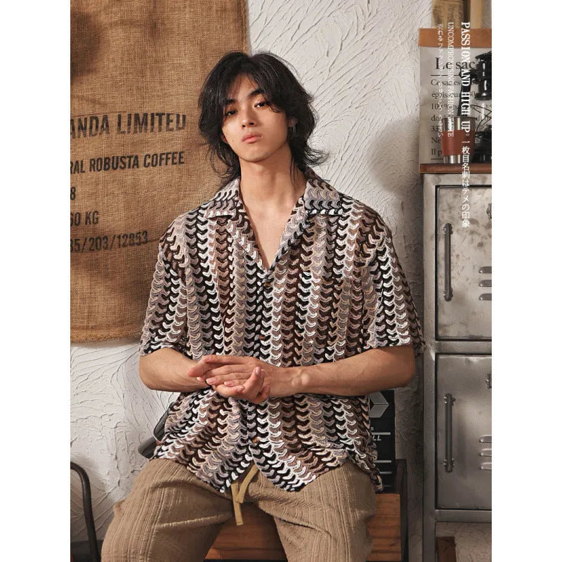Grey slim fit men's Cuban collar short-sleeve shirt with textured jacquard fabric.