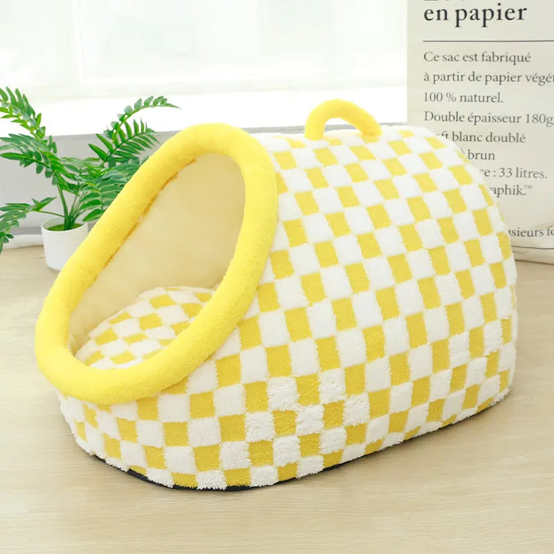 Four Seasons semi-enclosed dog bed in chessboard yellow, cloth material, 42x30x25cm size, for indoor use