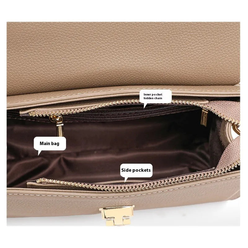Elephant grey genuine leather handbag with vintage lock and litchi pattern texture