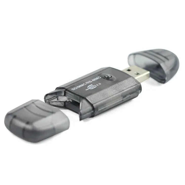 Transparent USB card reader for SD and MS memory cards with optional LED light, shown with card holder.