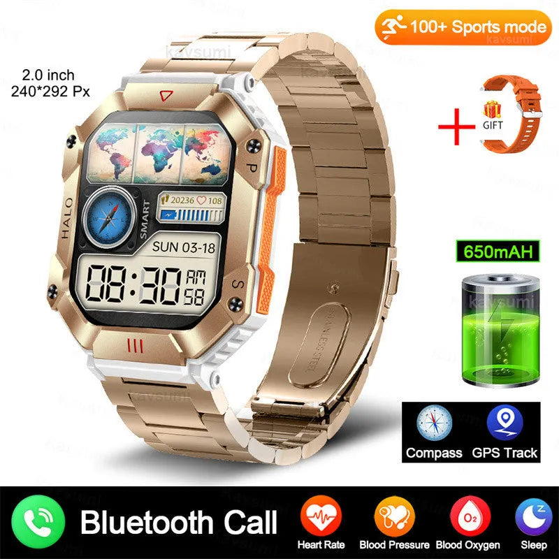 Android smart watch with GPS on wrist, showing titanium alloy case and black camouflage strap.