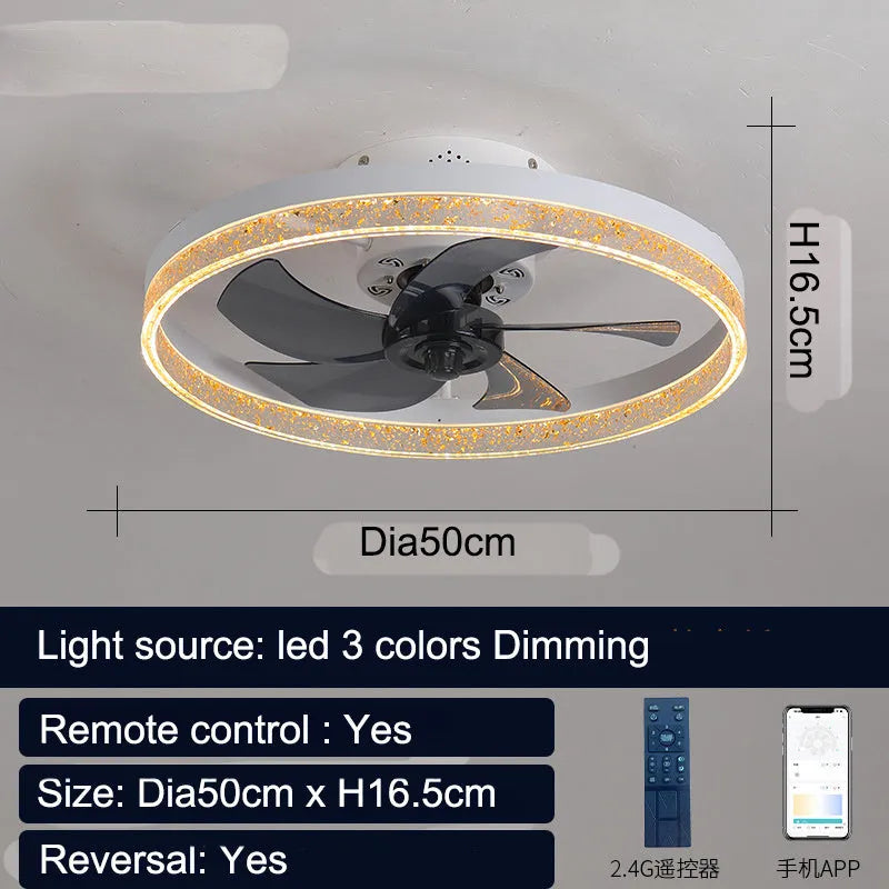 Nordic ceiling fan lamp with LED light in coffee gold finish, 50cm diameter with remote control