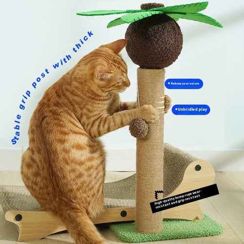 Wooden beach chair cat nest with integrated scratch board and climbing frame.