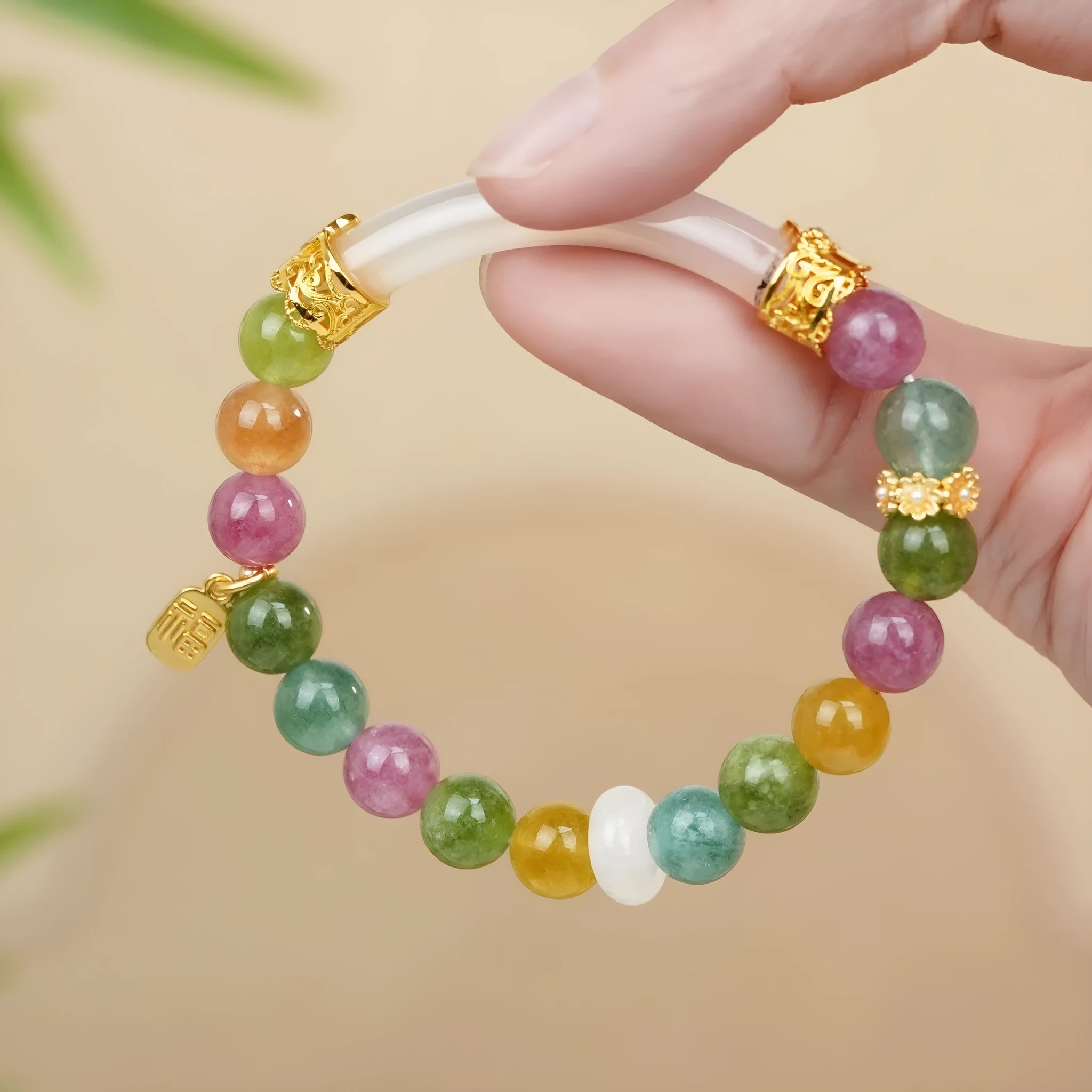 Rainbow tourmaline half bracelet for women with electroplated finish and sweet cool style