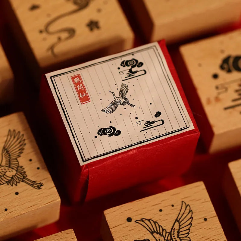 Mr. Paper wooden stamp seal with a crane design from the Huahegui series.