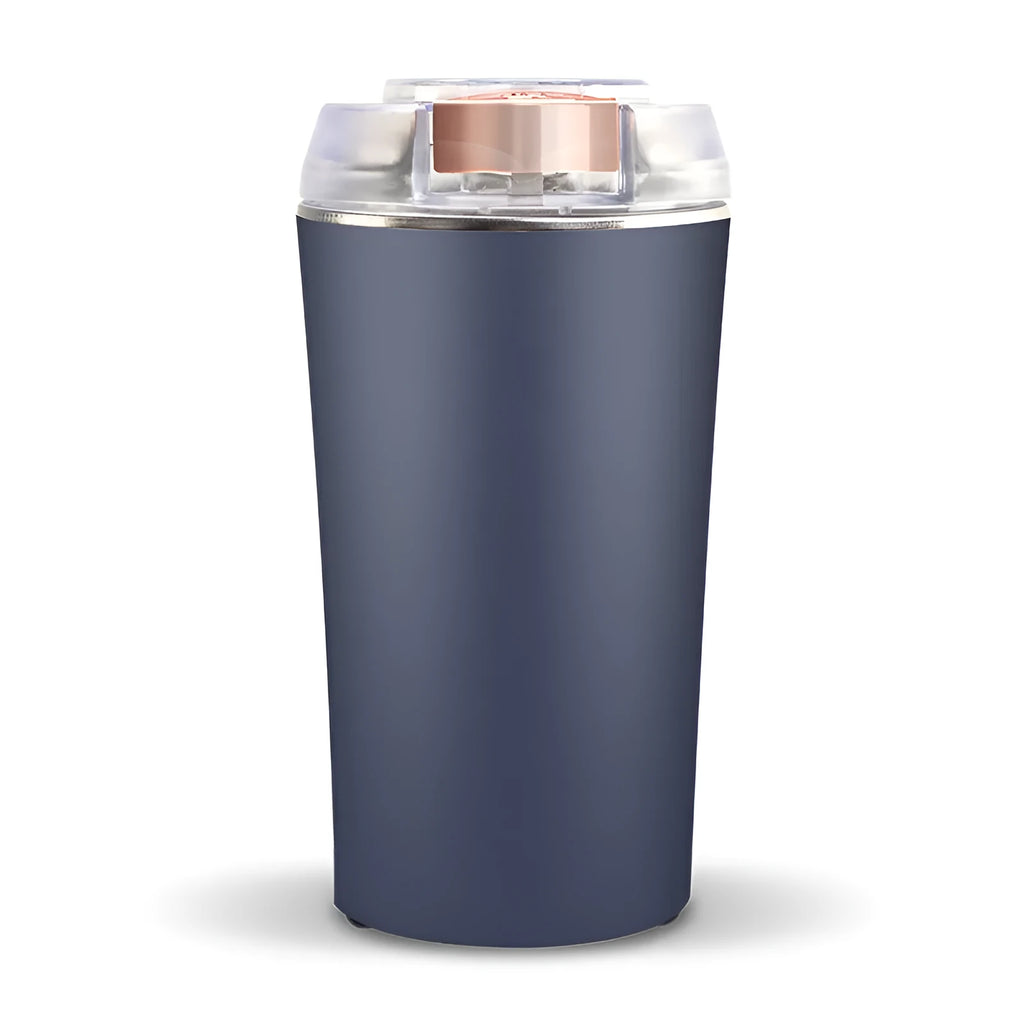 Blue electric mini flour mill and grain grinder with stainless steel construction on a kitchen countertop.