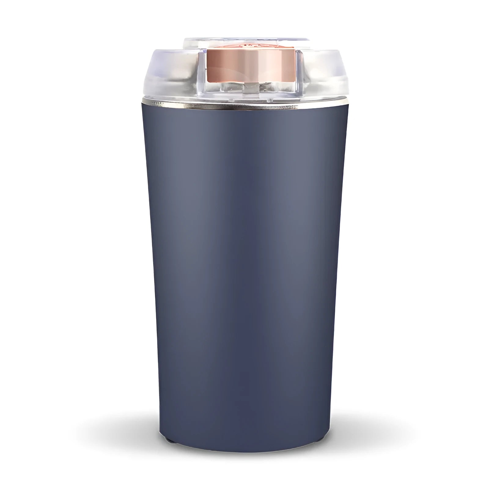 Blue electric mini flour mill and grain grinder with stainless steel construction on a kitchen countertop.