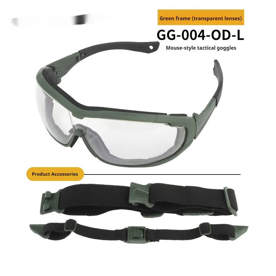 Outdoor fishing sand-proof goggles with plastic full rim frame, transparent lens, sports style, available in black mud army colour