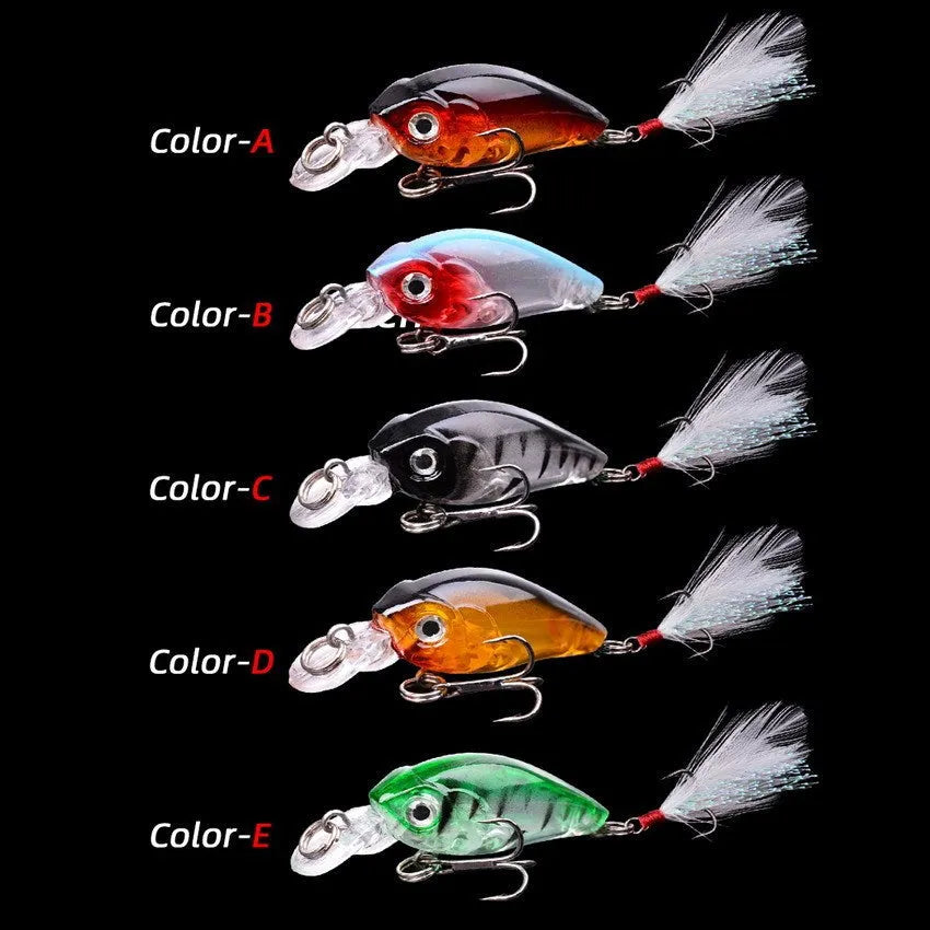 Lure Rock Little Fat Man 4.5cm feather fishing lure with 3D eyes and reinforced hook, five colour options on white background