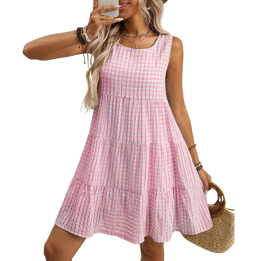 Women's light blue sleeveless plaid dress with high waist and mid-length swing skirt on a hanger.