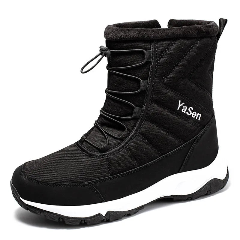 Men's waterproof snow boots with fleece lining, canvas upper, side zipper, and mid heel in multiple winter colours