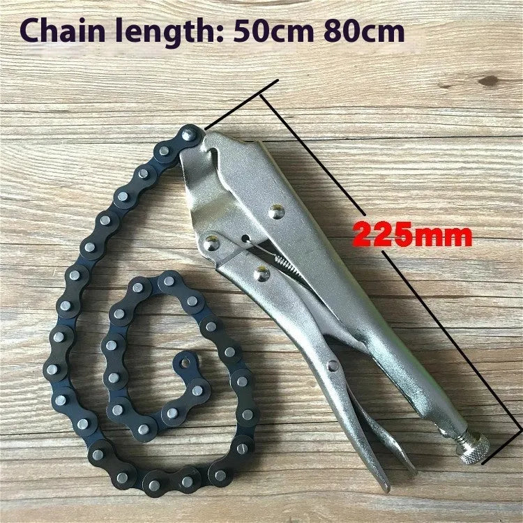 Chain-type pliers with 50 cm chain and high carbon steel clamp head on workbench
