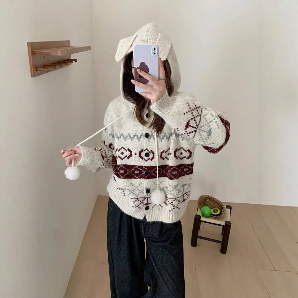 Plus size women's brocade sweater coat with geometric pattern in milky white or grey