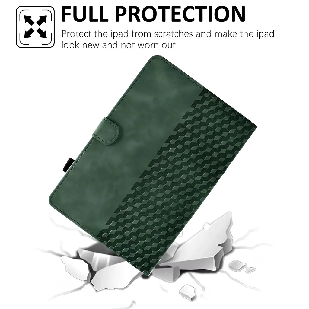 iPad Pro 11 leather case with card holder in diamond embossed green pattern, showing stand function.