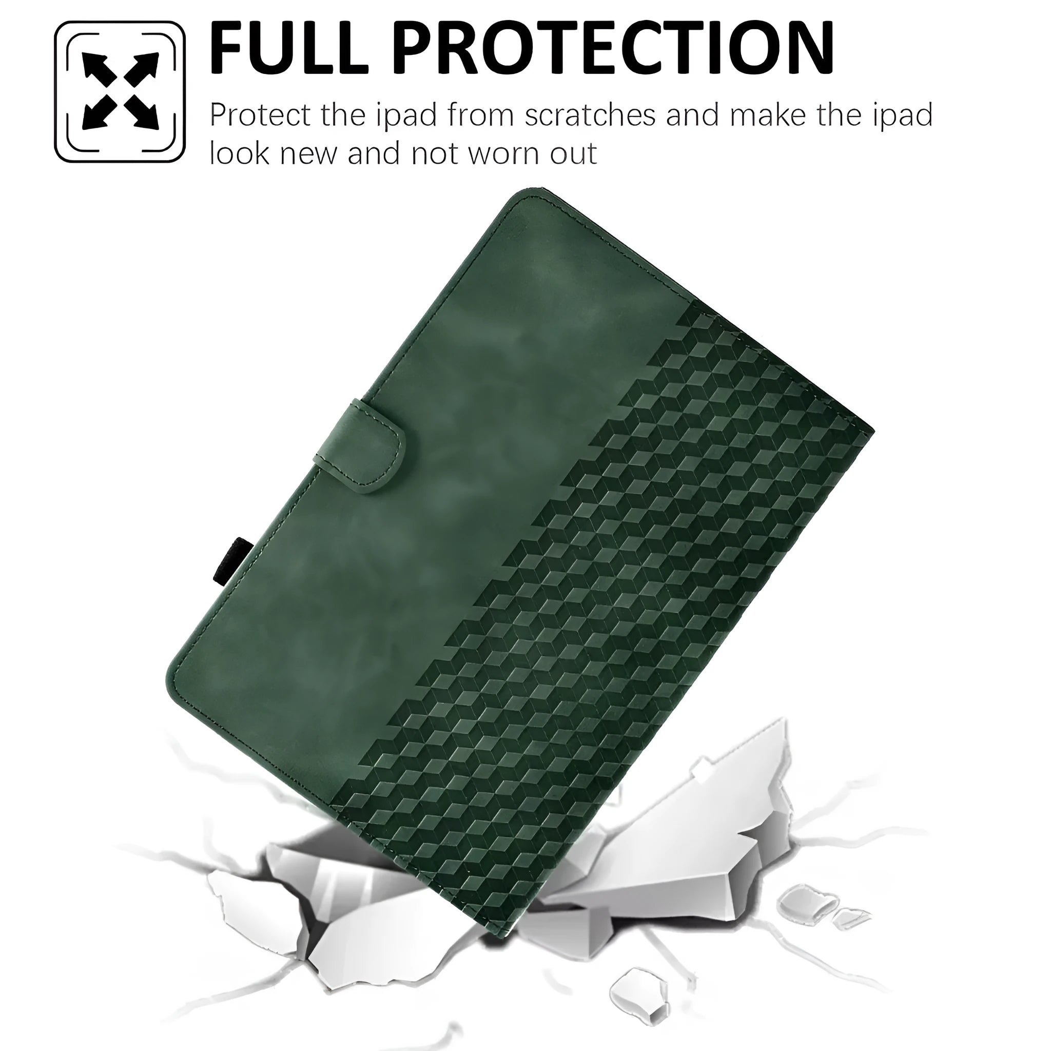 iPad Pro 11 leather case with card holder in diamond embossed green pattern, showing stand function.