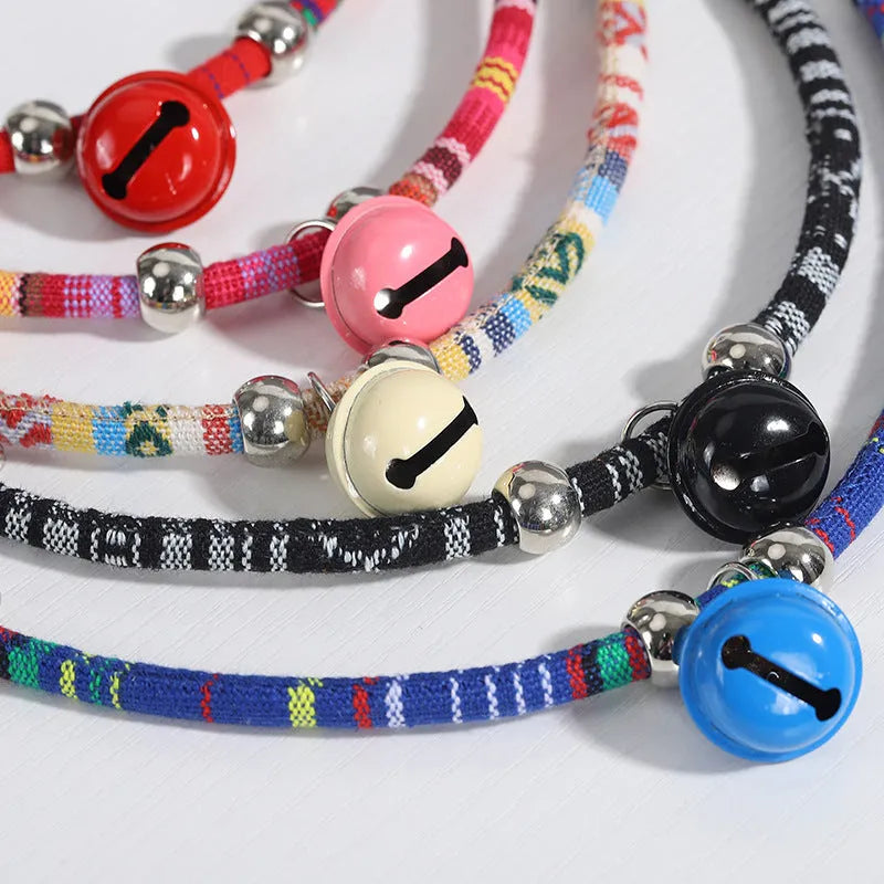 Ethnic-style adjustable pet collar with bell decoration in multiple colour options