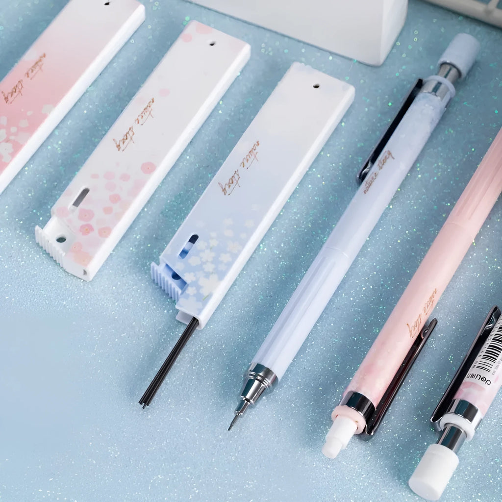Cartoon automatic pencil set containing three propelling pencils and three HB refill boxes