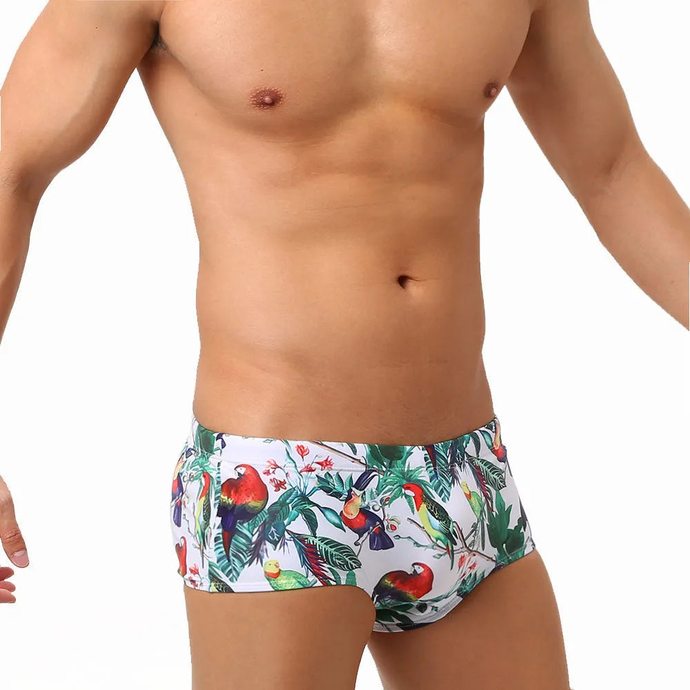 Men's nylon swimming trunks with flower-bird print in briefs and boxer styles