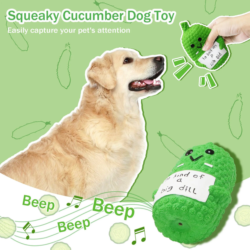Green latex pickle squeaky dog toy with textured exterior for teeth cleaning