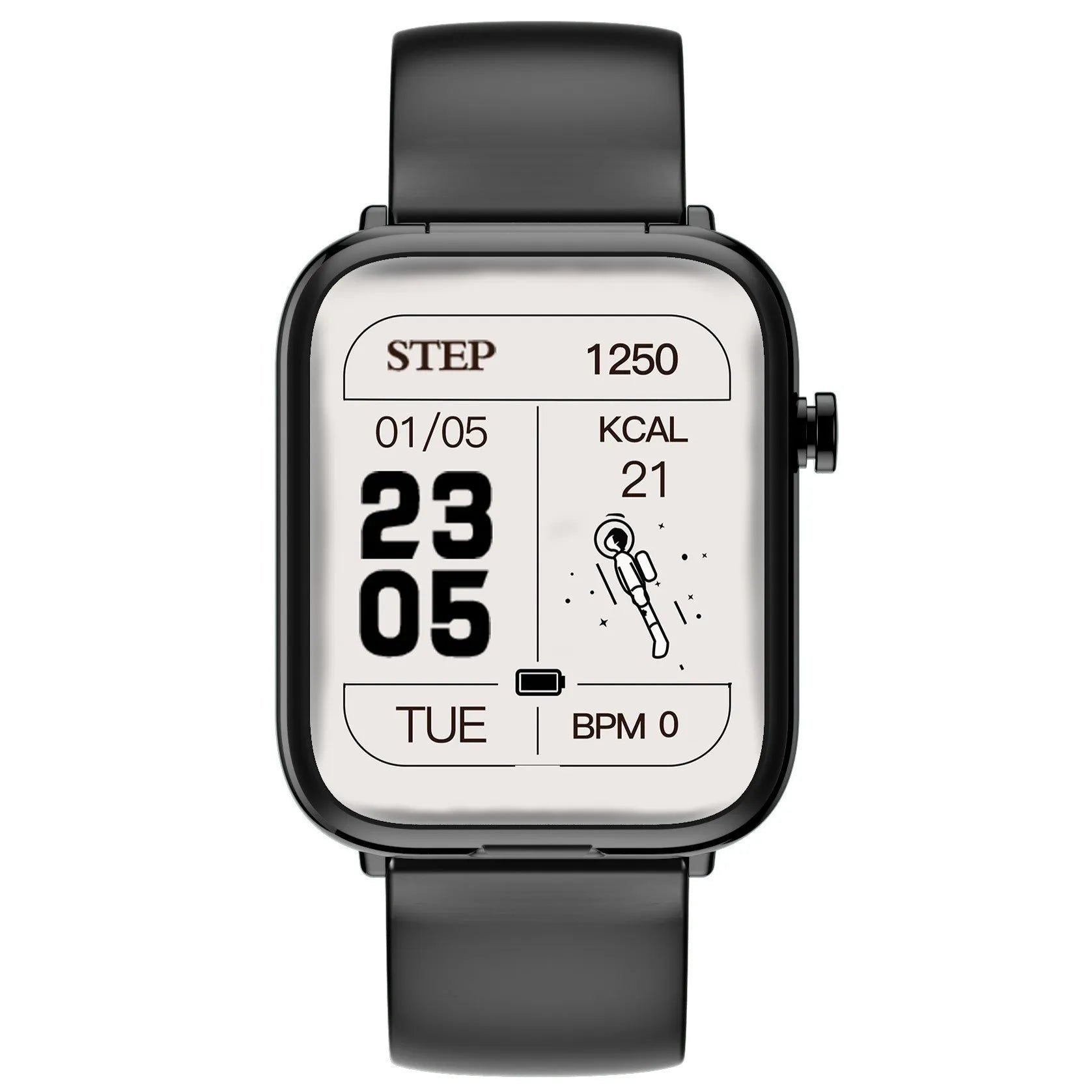Black zinc alloy smartwatch with 1.69-inch touch screen showing heart rate data, next to its magnetic charging case.