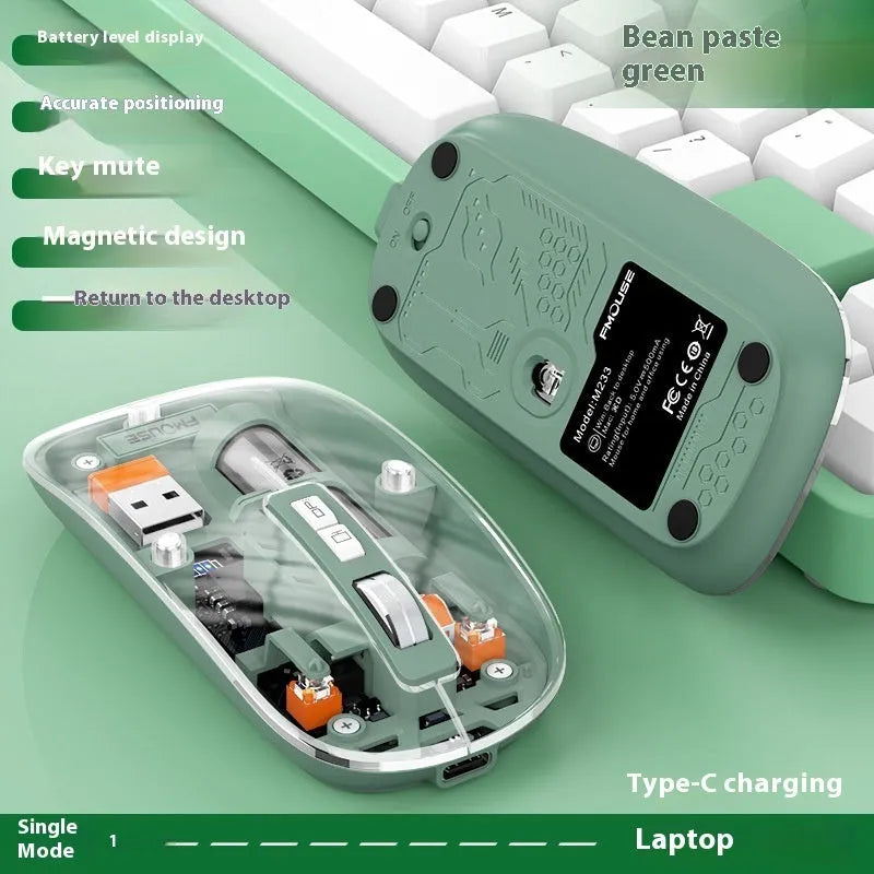 Transparent wireless mouse with USB receiver showing internal components