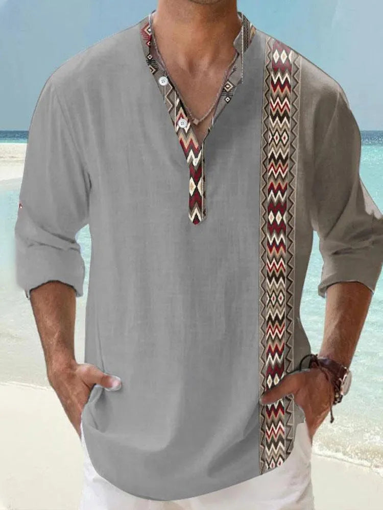 Men's thin Hawaiian long sleeve shirt in digital bamboo linen stripe pattern