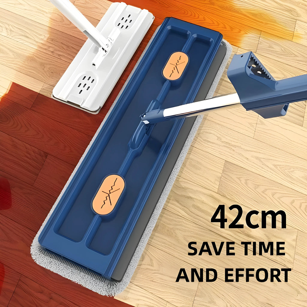 Large flat mop with long stainless steel handle and blue/white cloths on a hard floor.