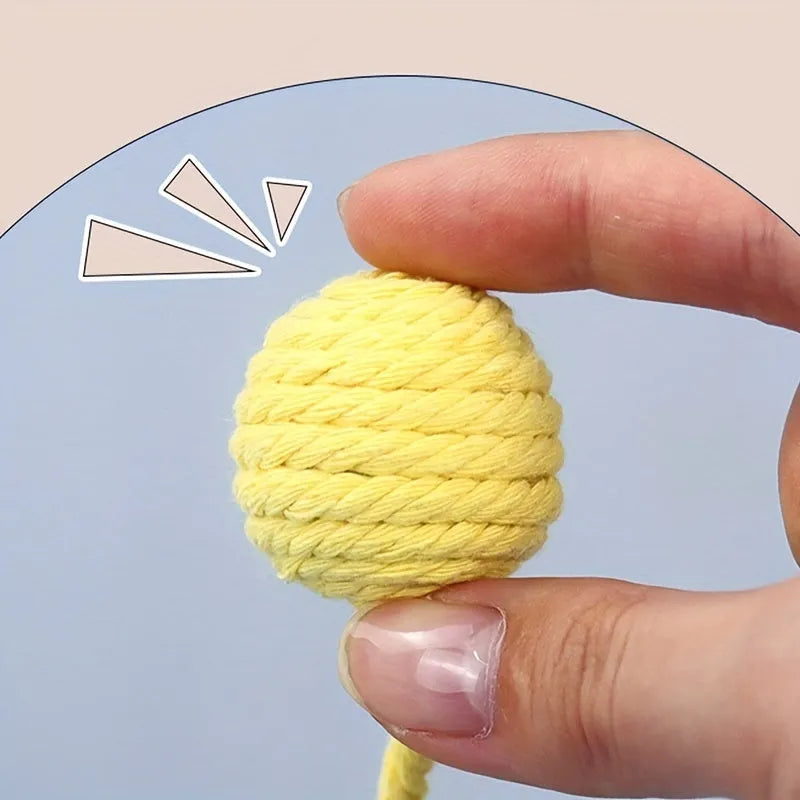 Interactive cat toy ball with rope and internal bell in green, pink, purple and yellow colours