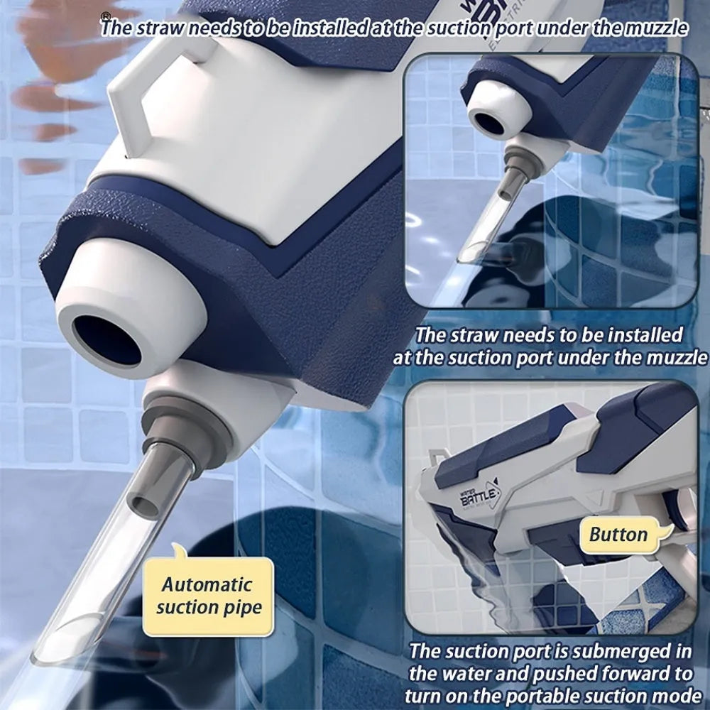 Blue electric space water gun with USB charging cable and large water tank on outdoor patio