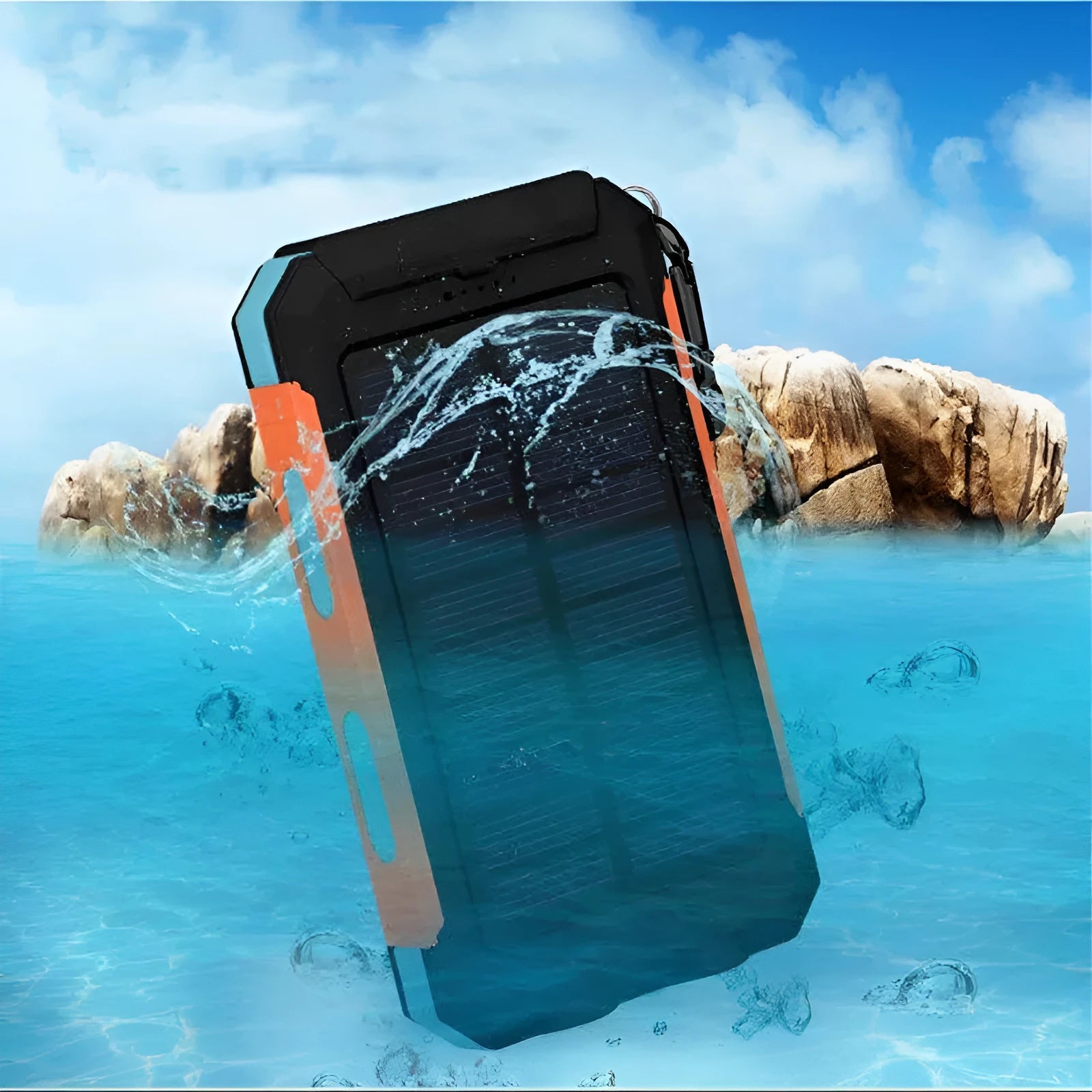 Black solar power bank with dual LED headlights showing 20000mAh capacity label