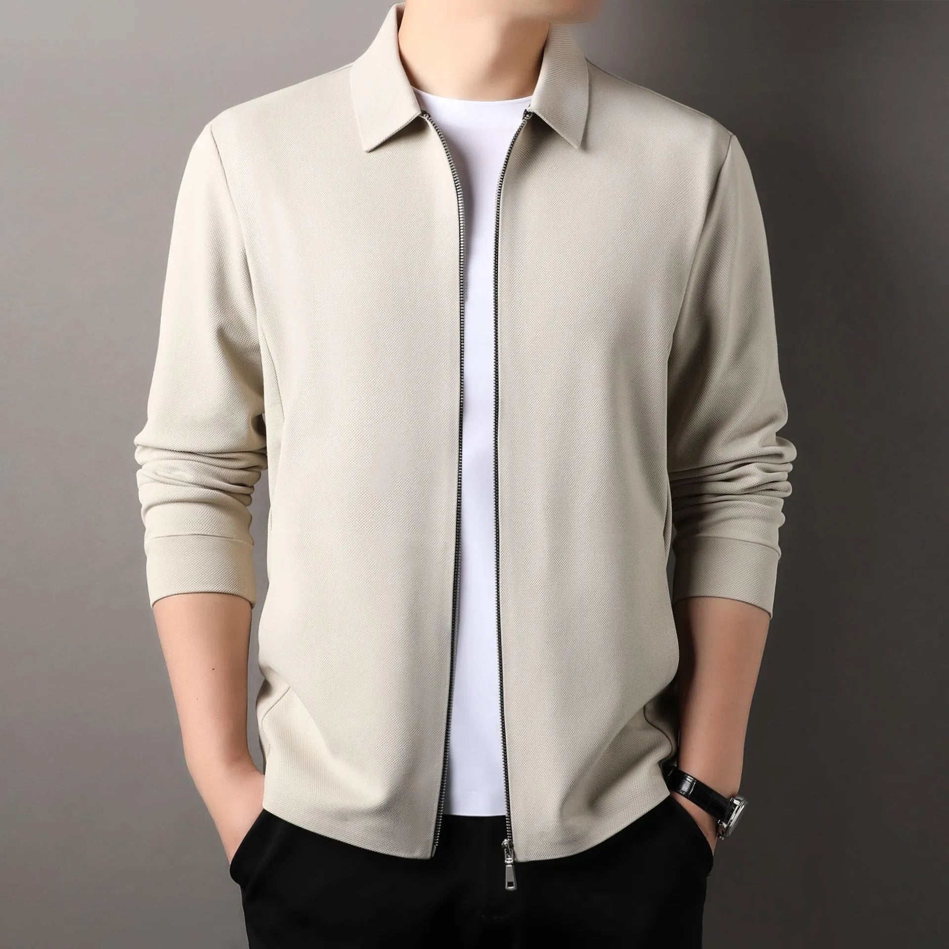 Men's collared business casual jacket in polyester, shown in black, dark grey, and apricot colours.