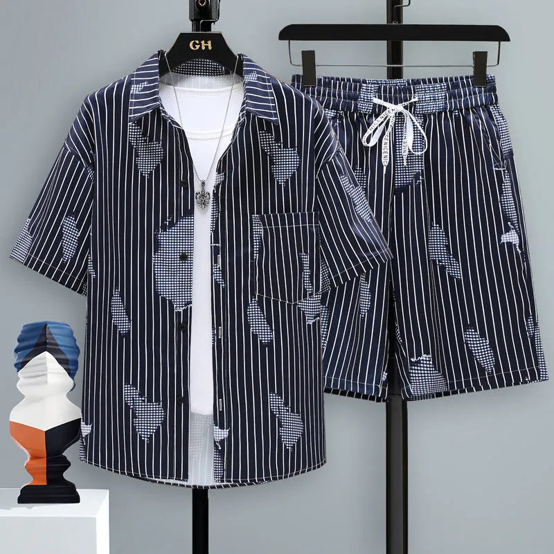 Men's casual sports two-piece set with short sleeve top and matching polyester shorts
